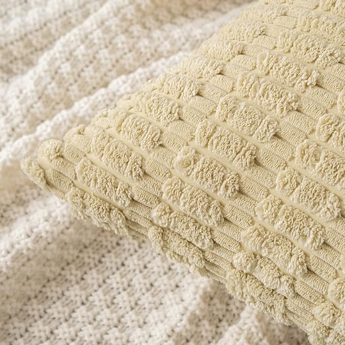 MIULEE Pack of 2 Corduroy Decorative Lumbar Throw Pillow Covers 20x12 Inch Soft Boho Striped Pillow Covers Modern Farmhouse Home Decor for Sofa Living Room Couch Bed Beige