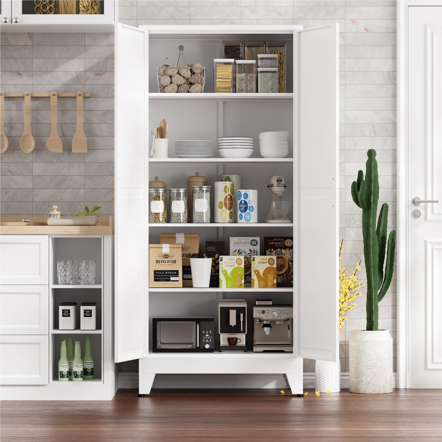 YNIQUESTLE Kitchen Pantry Cabinet,71" H x 31.5" W,Metal Farmhouse Storage Cabinet with Adjustable Shelves and Barn Doors,5-Tier Storage Cabinet for Kitchen Dining Room Garage,White 1 Pack