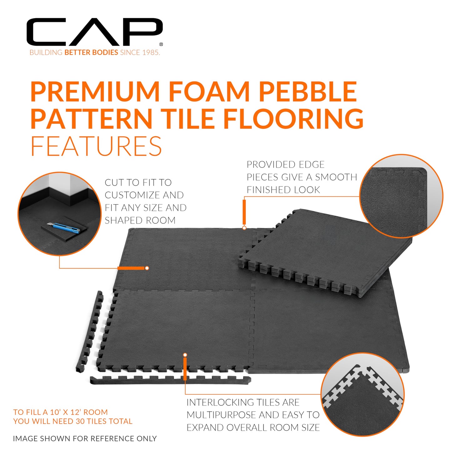 CAP Barbell 1/2-Inch Interlocking EVA Foam Exercise Puzzle Mat Home Gym Flooring - 1 Pack | 24" x 24" x 1/2" | Pebble Pattern - Black