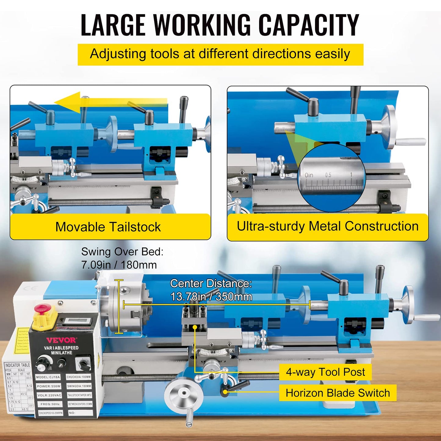 VEVOR Metal Lathe, Upgraded Digital Display 7"x14" Benchtop Metal Lathe 550W Variable Speed 2250RPM with 3-jaw Chuck CNC Mini Lathe Machine Precision Mini Lathe Tool Box for Metal Turning