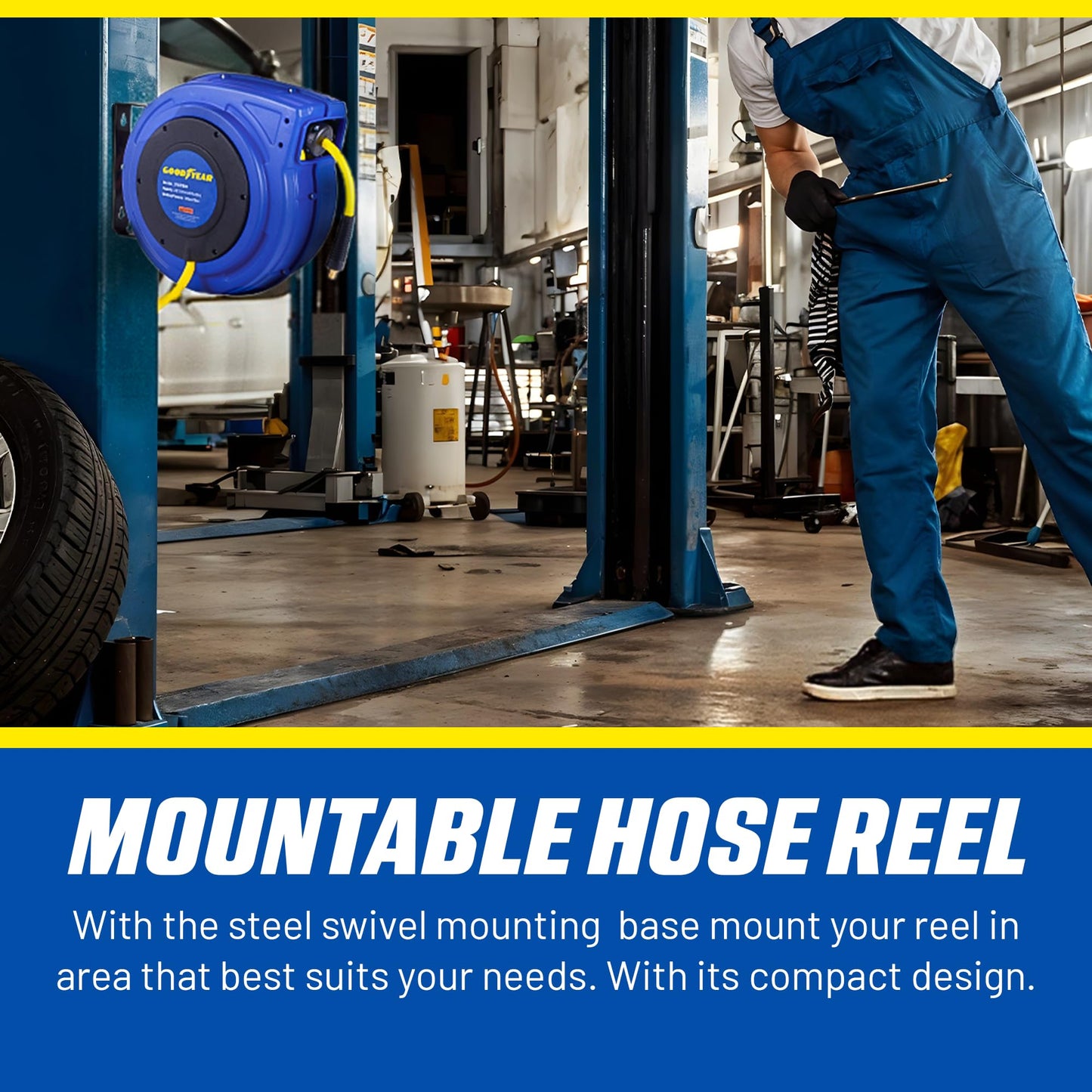 Goodyear Air Hose Reel Retractable 3/8" Inch x 65' Feet Premium Commercial Flex Hybrid Polymer Hose Max 300 Psi Heavy Duty Spring Driven Polypropylene Construction w/Lead-in Hose and PVC Handle