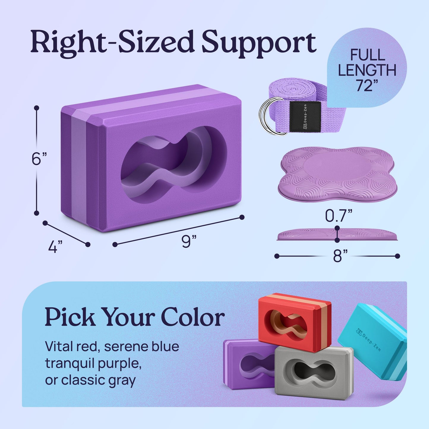 Deep-Zen® Yoga Blocks Wrist Support; Yoga Blocks 2 Pack with Knee Pads and Strap to Put Less Weight on Wrists; Durable, Versatile Yoga Brick Exercise Block Set, Blocks Yoga (Purple)