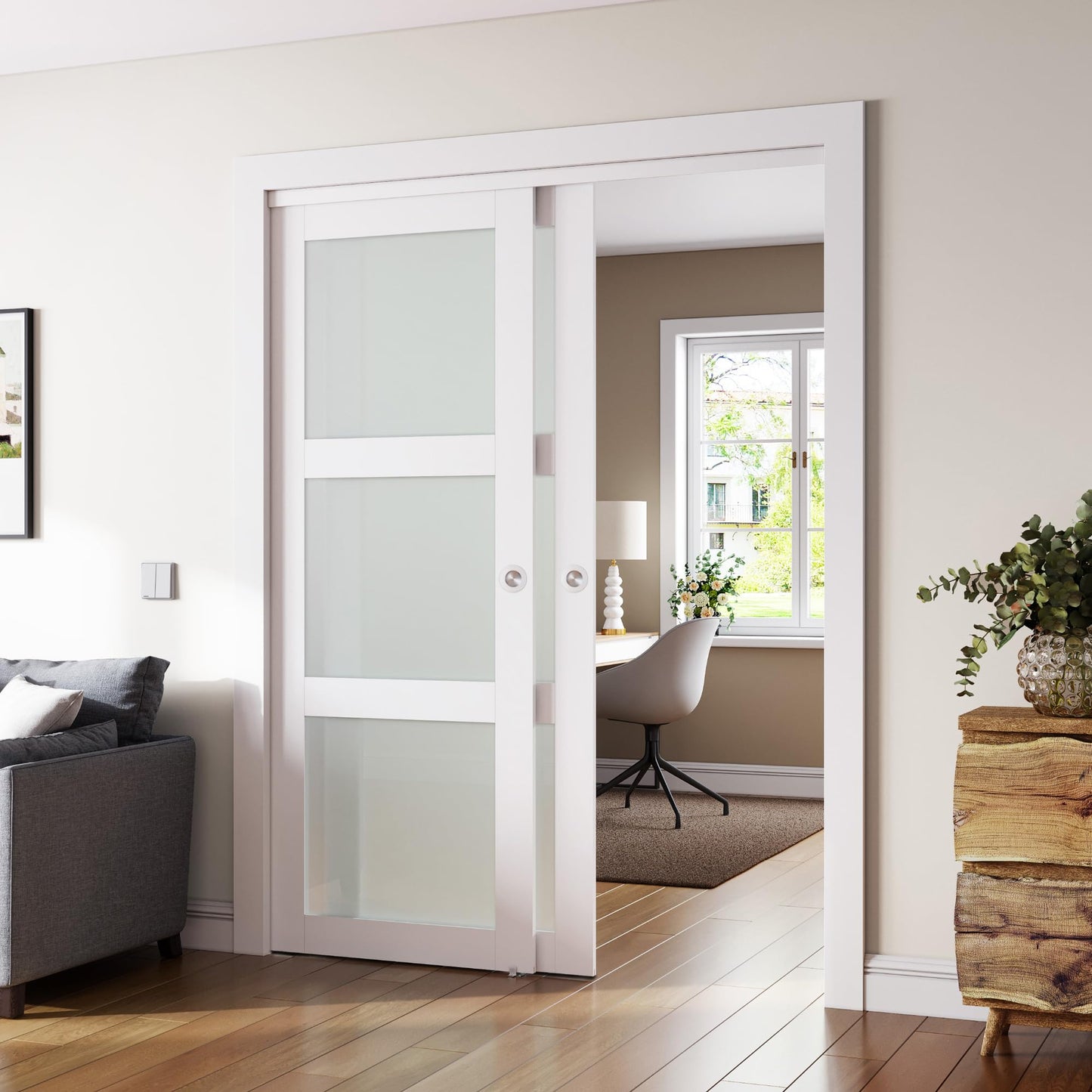 SMARTSTANDARD Sliding Closet Door, 64"×80"(Double Barn Doors 33"), Double Frosted 3 Panel Glass Sliding Door with Hardware Kit, Pre-Drilled Door Panel, Need to Assemble, MDF with PVC Surface, White