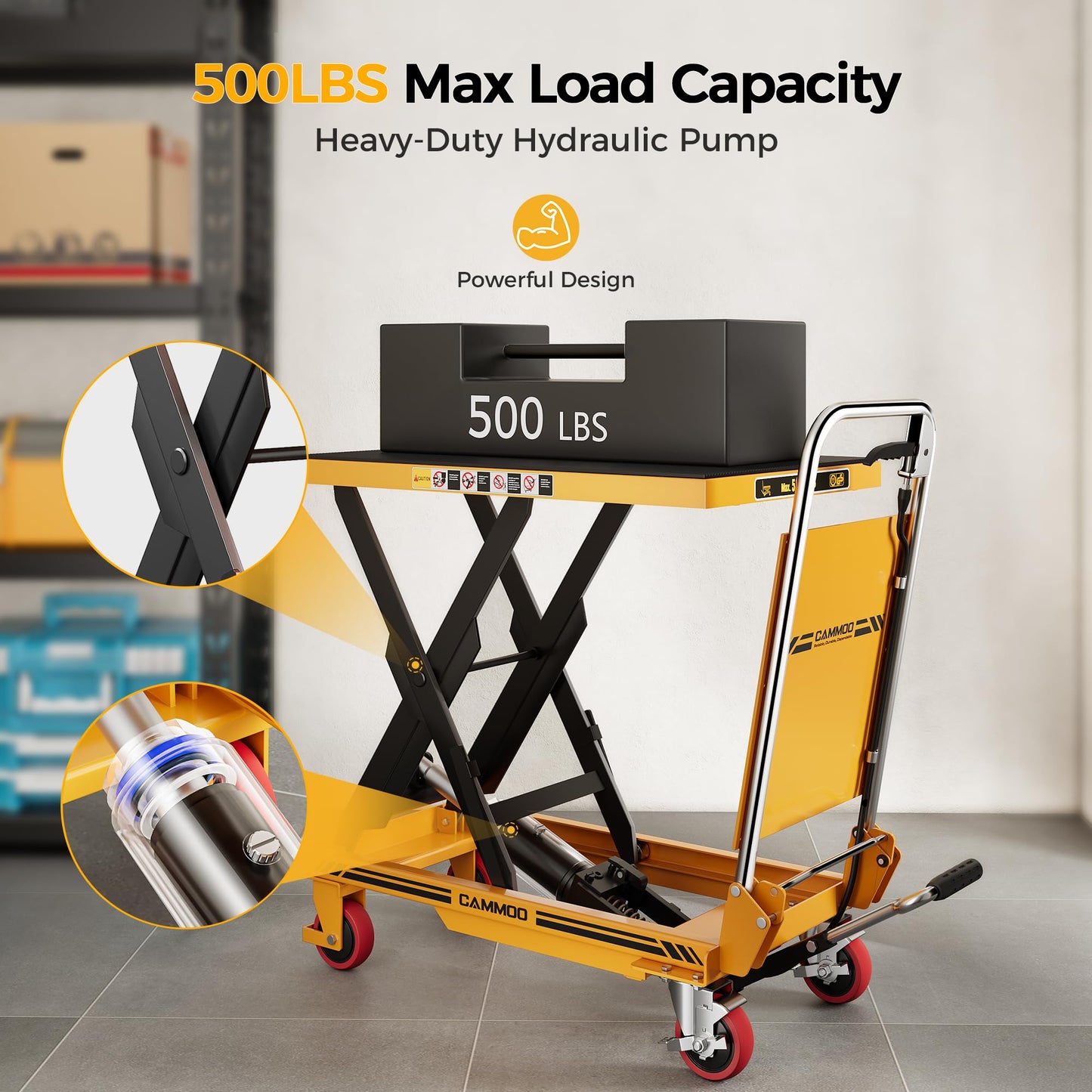 CAMMOO Foldable Hydraulic Lift Table Cart, 500lbs Capacity, 28.5" Lifting Height, Single Scissor Lift with Non-Slip Pad & Thickened Scissors Design for Material Handling and Transportation, Yellow