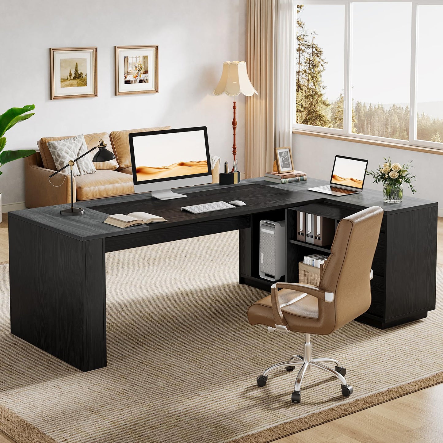 Tribesigns 78" L Shaped Executive Desk with Drawers, Large Office Computer Desk with Cabinet and Storage Shelves, Modern Business Furniture Sets Workstation for Home Office (Gray&Black)