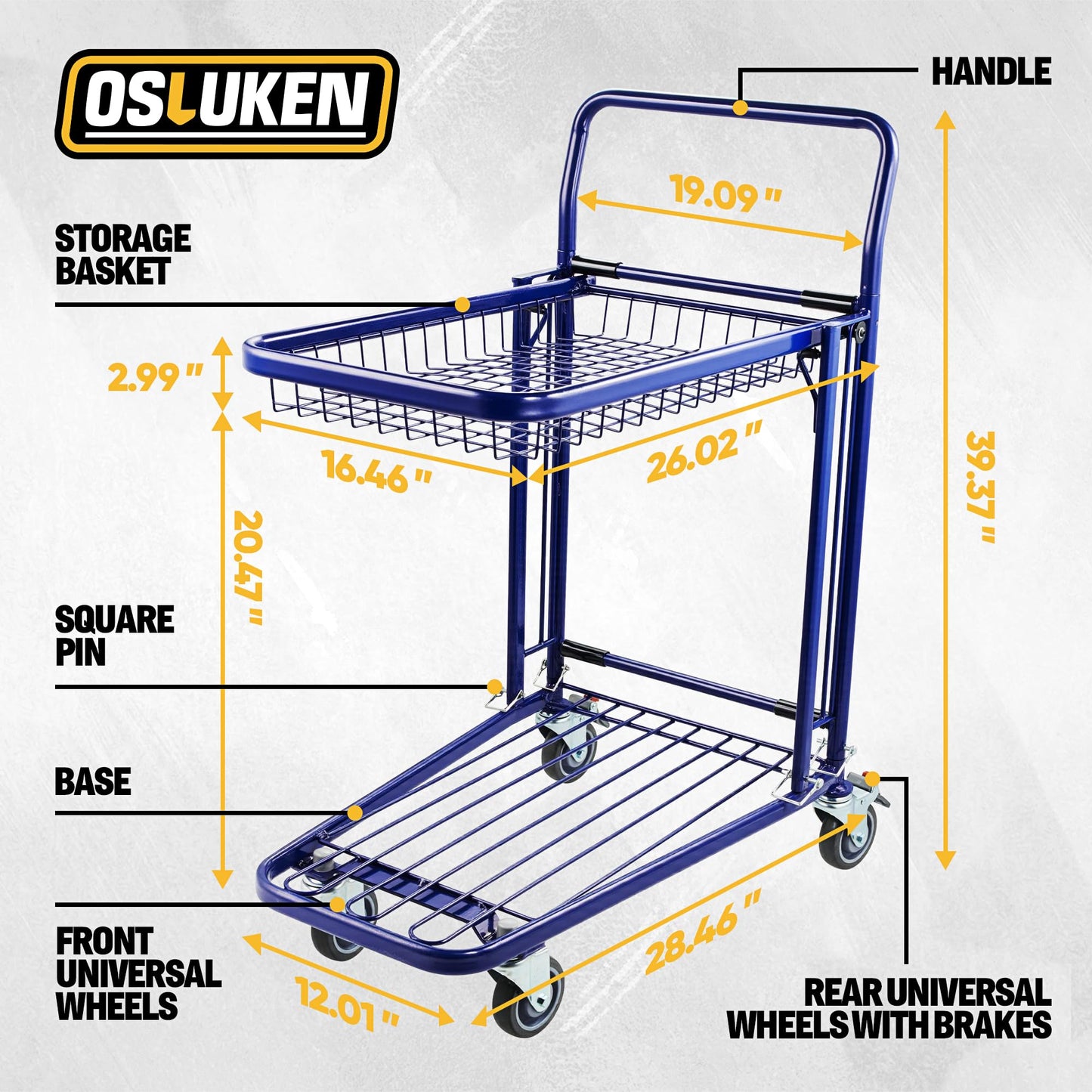Osluken Upgraded Metal Shopping Cart with Wheels, 700 LBS Heavy Duty 2-Tier Grocery Cart, Detachable Utility Hand Truck Dolly for Home， Supermarket，Warehouse