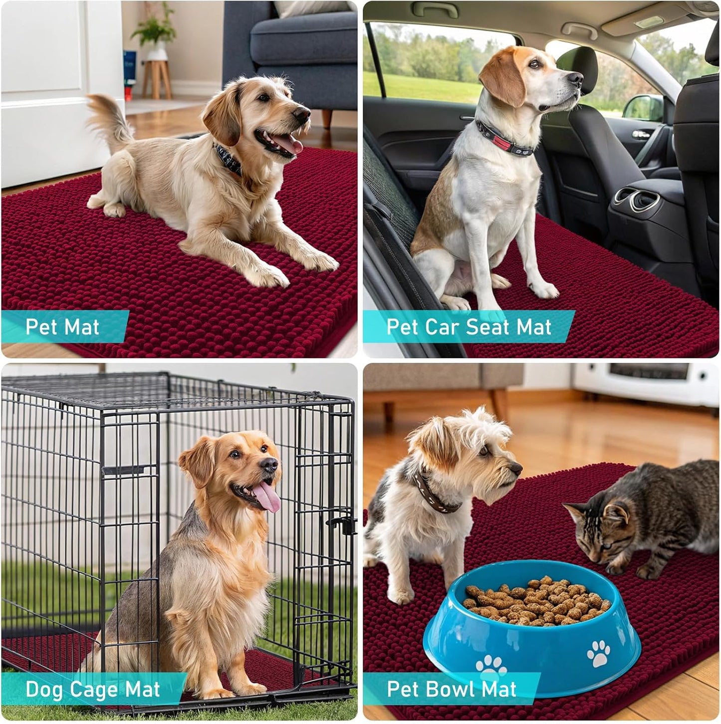 OLANLY Dog Door Mat - Absorbent Non-Slip Washable Chenille Mat for Muddy Paws | 54x32, Burgundy