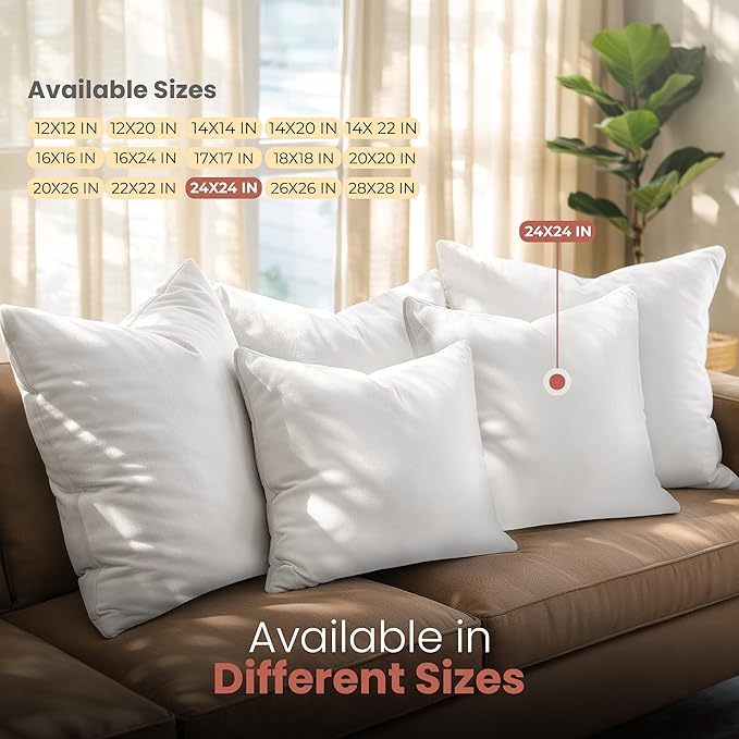 Utopia Bedding 24x24 Pillow Inserts, Set of 2, White – Indoor Decorative Throw Pillows for Bed, Sofa & Couch – Soft, Supportive & Fluffy Cushion Inserts