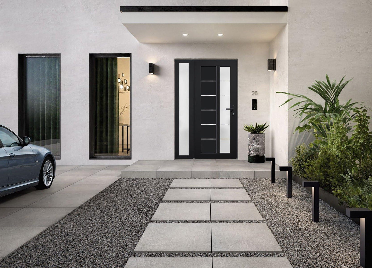 VDOMDOORS Front Exterior Prehung Fiberglass Door Frosted Glass/Manux 8088 Matte Black/Side Exterior Window/Entrance Patio Garage-W30+12" x H80-Left-hand Inswing