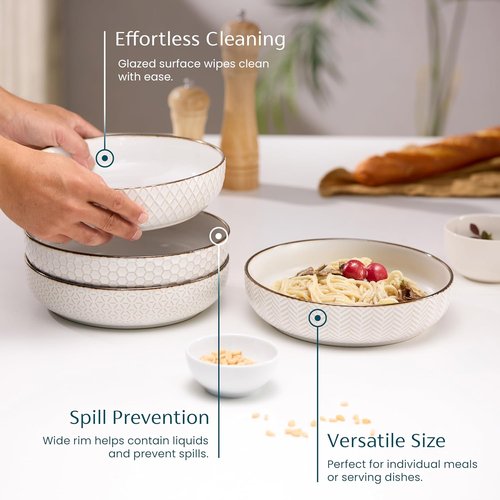 KooK Ceramic Pasta Bowls - Large Capacity Embossed Serving Bowls | Microwave & Dishwasher Safe, Set of 4, Ivory with Dark Copper Accents