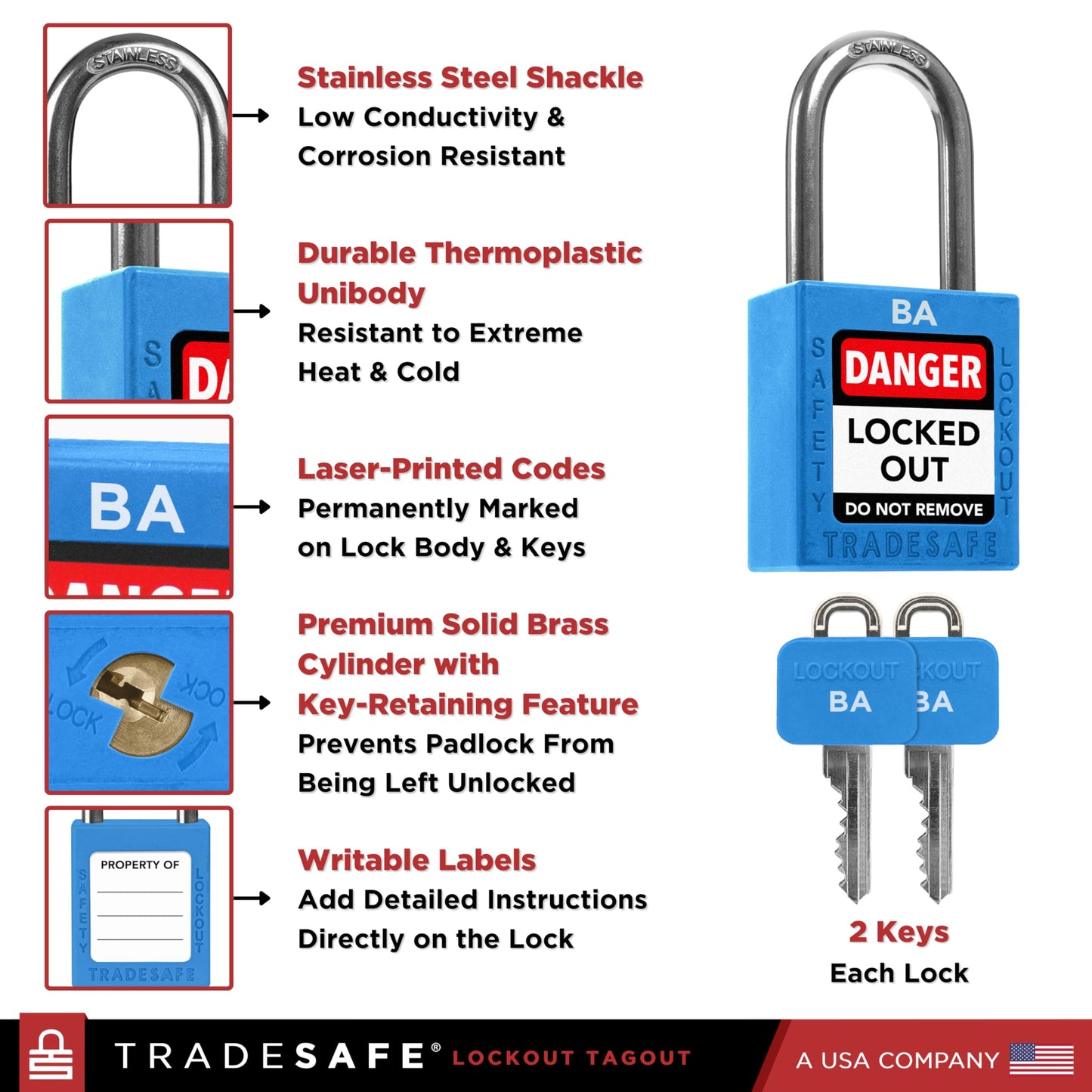 TRADESAFE Lockout Tagout Lock Sets, 10 Blue Keyed Alike Unlimited Grouping Safety Padlocks, 2 Keys Per Lock, OSHA Compliant Loto Locks, for Lock Out Tag Out Kits