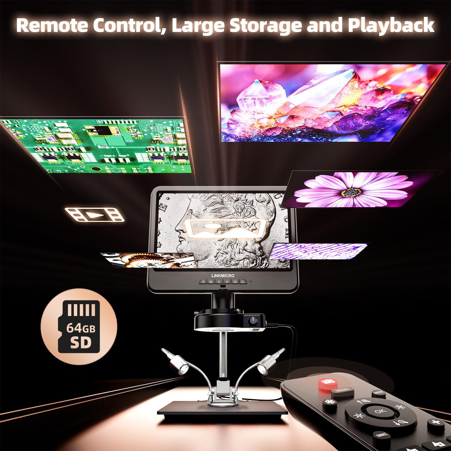 4K 30FPS HDMI Digital Microscope with 10.1'' Screen for Soldering LM208S, 4K Coins Microscope Camera 1500X for Adults, 3840P UHD Video Audio, 56 LED Ring Light, Full Coin View, PC View, 64G