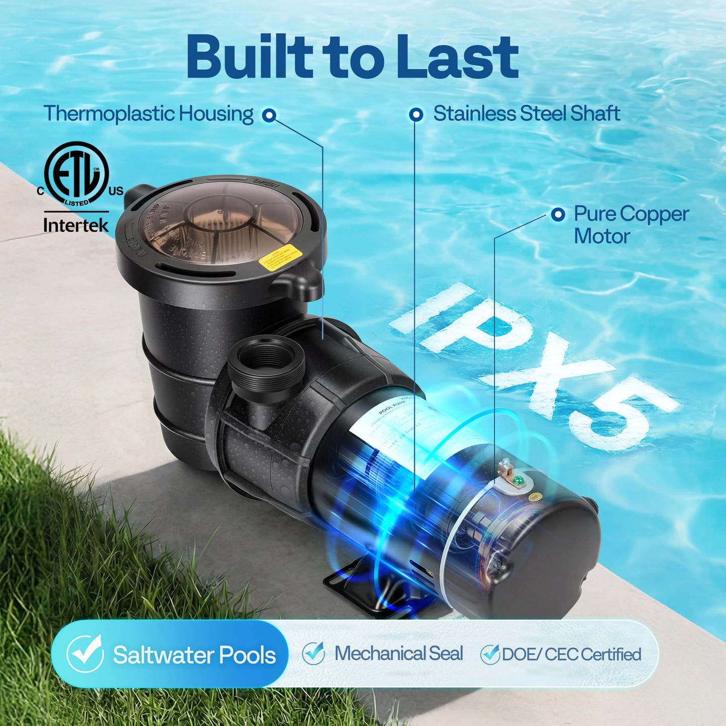 VIVOHOME 1.5 HP 5400 GPH Energy-Saving Above Ground Swimming Pool Pump, 115V 1.5 THP Upgrade Stainless lron Motor Shaft with Strainer Basket, ETL & DOE Certified