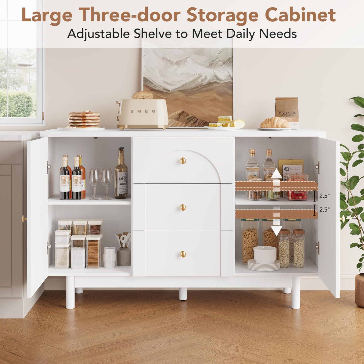OneBlis Buffet Cabinet with Drawers, 54" Large Sideboard Buffet Storage Cabinet with Adjustable Shelves and Doors, Modern Coffee Bar Station Kitchen Table for Kitchen, Dining Room, White