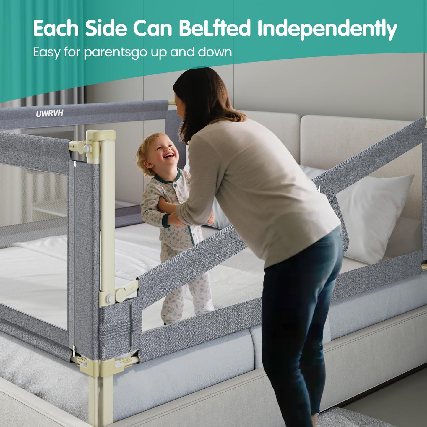 UWRVH Bed Rails for Toddlers，Toddler Bed Rails，Bed Rail for Baby - Adjustable Height Bed Guard with Child Safety Lock, Universal Fit for King/Full/Twin Beds (Grey, 1 Side 74.8Inch)