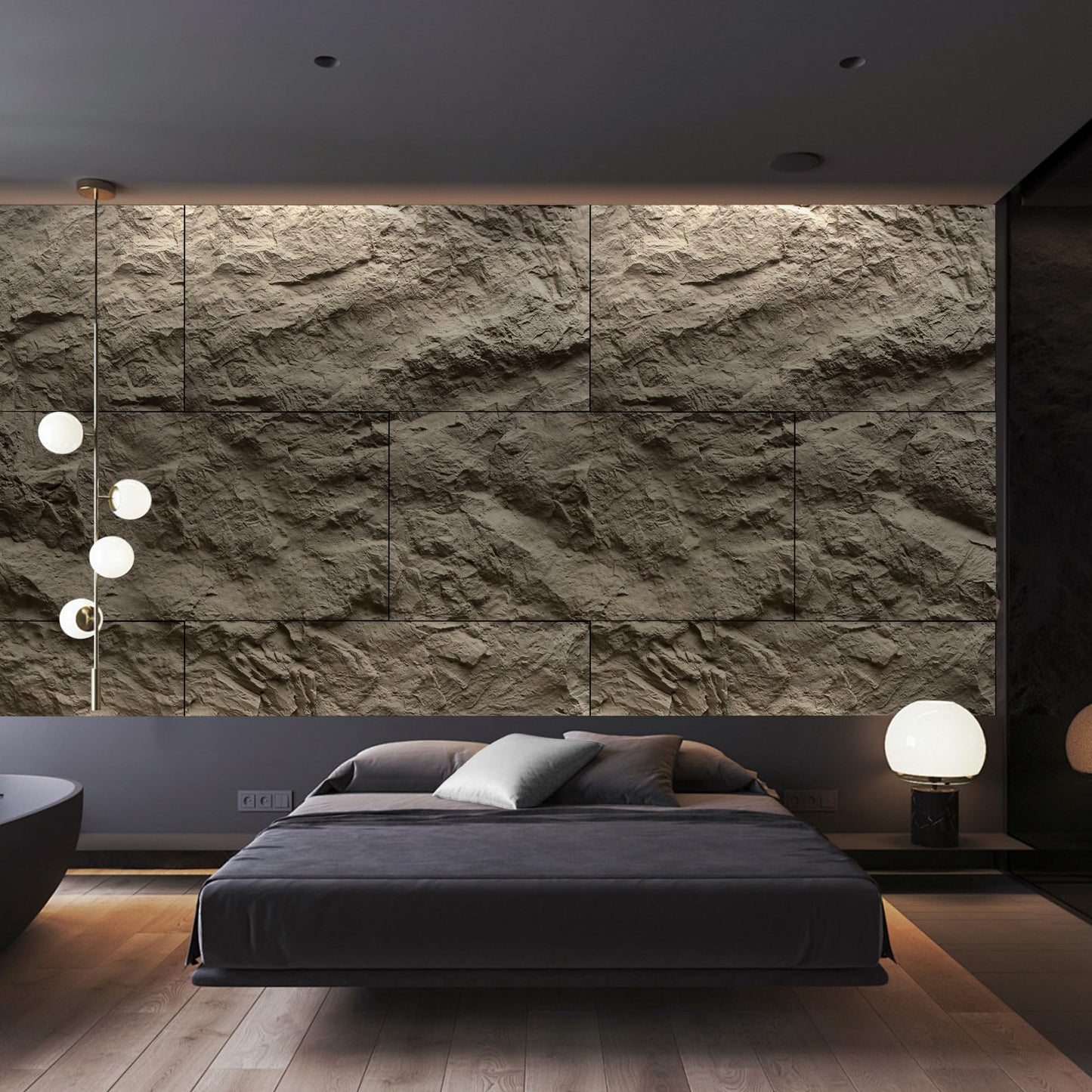 KASARO 3D Faux Stone Wall Panels, 4 PCS PU Wainscoting Panel for Interior Wall Decor, Cement Texture Thicker Accent for Home, Office, 43.3 × 23.6 inch, Grey