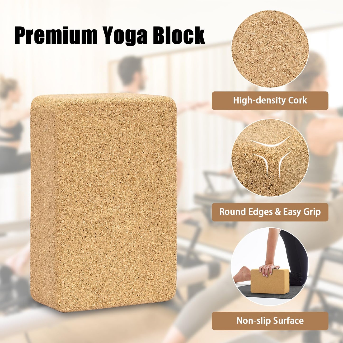 Hatha Yoga Cork Yoga Block, Natural Cork from Portuguese, Premium Brick 9"x6"x3", Eco-Friendly Yoga Accessories for Yoga, Pilates & Stretching
