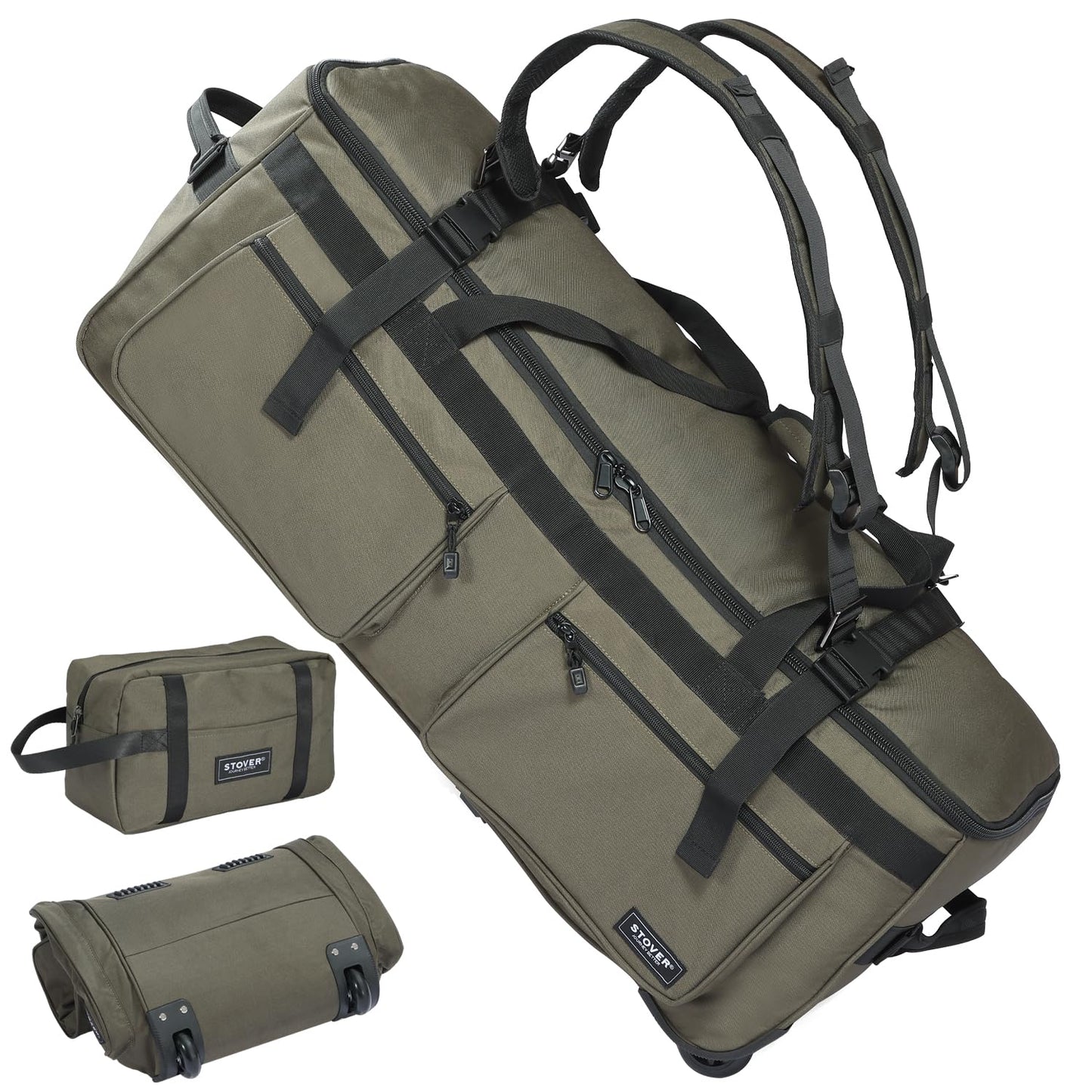STOVER 45/80/100L U-Zip Rolling Duffel Bag with Wheels, X-Large Durable Travel Duffle + Toiletry Bag, Lay-Flat Opening, Packable w/Shoulder Straps- Use as Luggage or Backpack, Men/Women (Green)