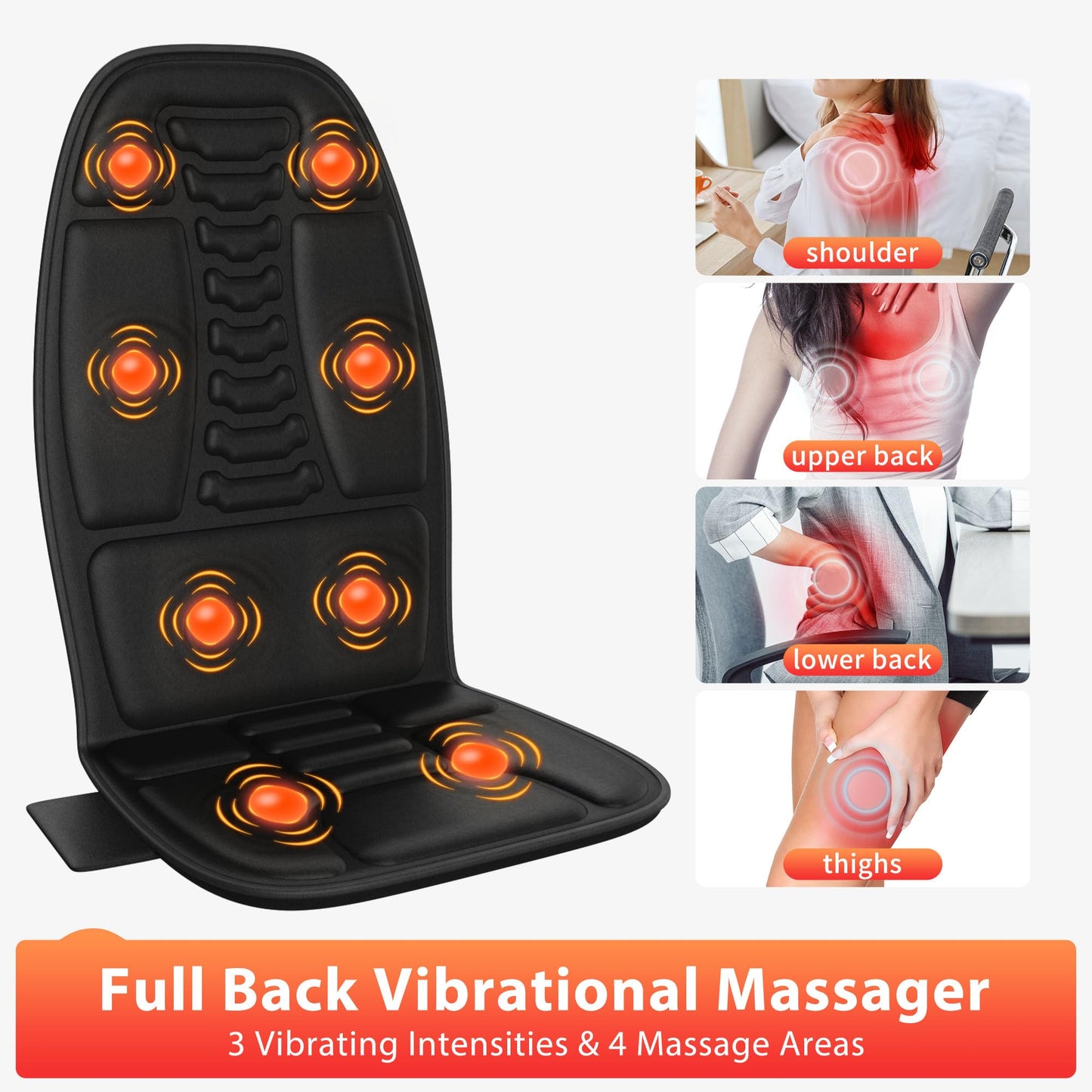 comrelax Back Massager with Heat, Massage Chair Pad with 5 Modes & 2 Heat Levels for Back & Thighs, Back Massage Pad for Office & Home Chairs, Matte Black