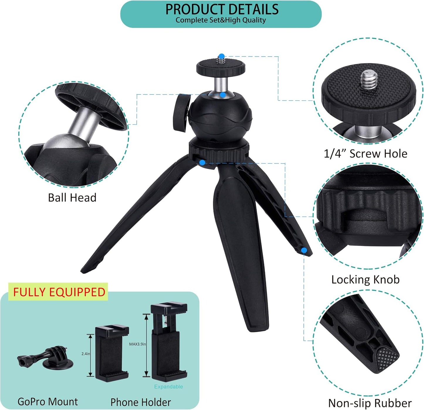Ytvariw 360 Mini Camera Tripod with Phone Holder & GoPro Mount, Ball Head, Black, Compatible with DSLR, GoPro