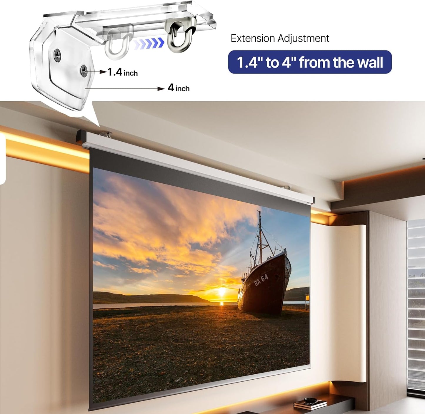 ELETIUO Hooks,1.4"4" Extension,66 lbs Universal Projector Screen Mount Bracket,Adjustable Wall & Ceiling L-Brackets