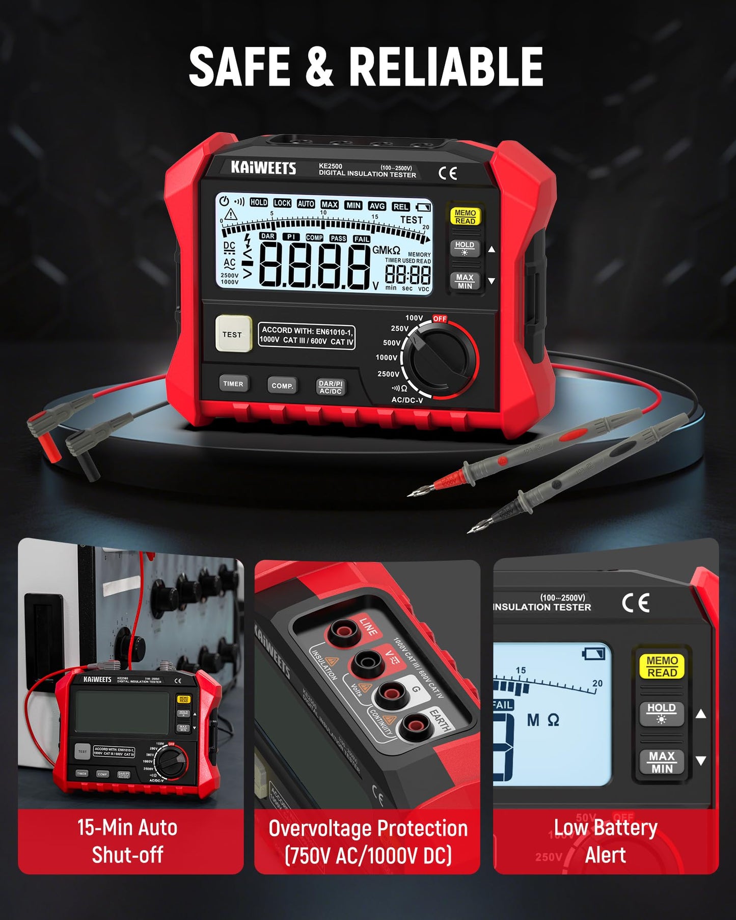 KAIWEETS Insulation Resistance Tester, Up to 200GΩ, Pro Megohmmeter, 5 Range 100V/250V/500V/1000V/2500V, One-Toch DAR/PI, Max/Min, Measures Resistance, AC/DC Voltage for HVAC, Motors, Solar, KE2500