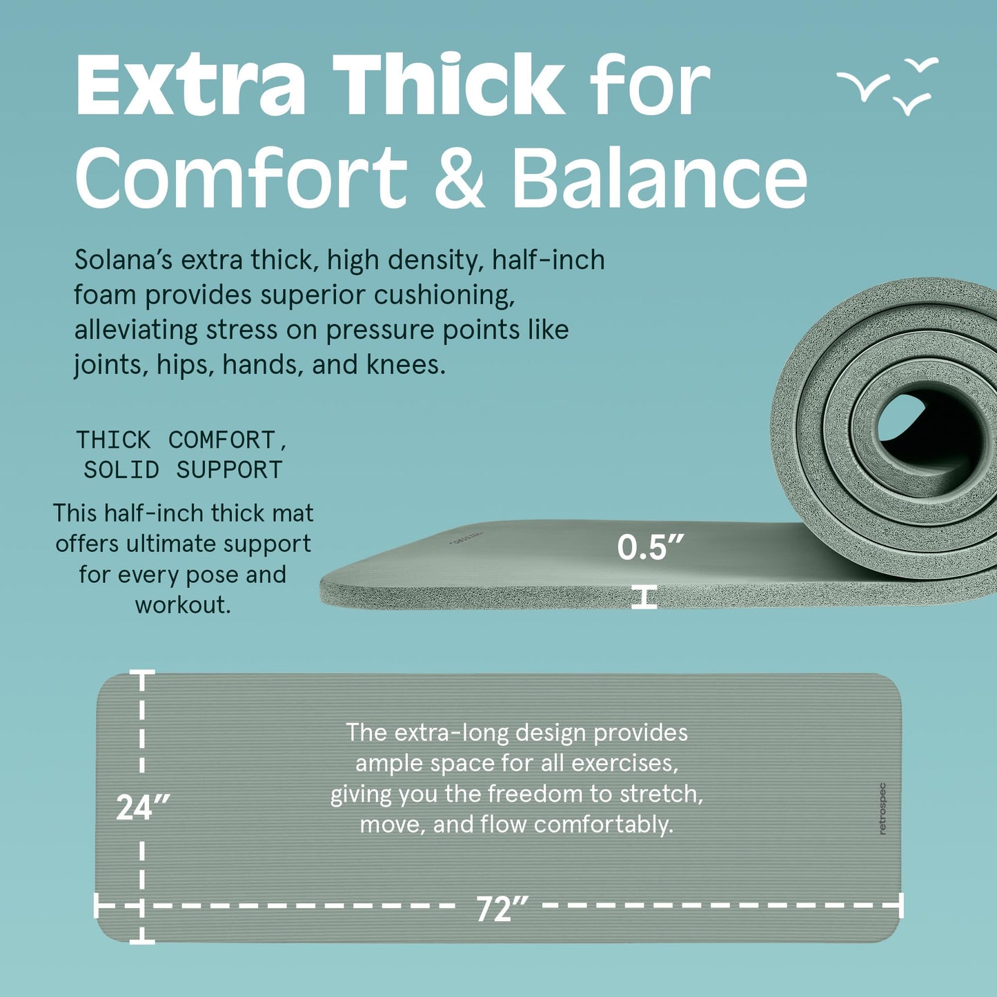 Retrospec Solana Yoga Mat 1/2" Thick w/Nylon Strap for Men & Women - Non Slip Excercise Mat for Yoga, Pilates, Stretching, Floor & Fitness Workouts