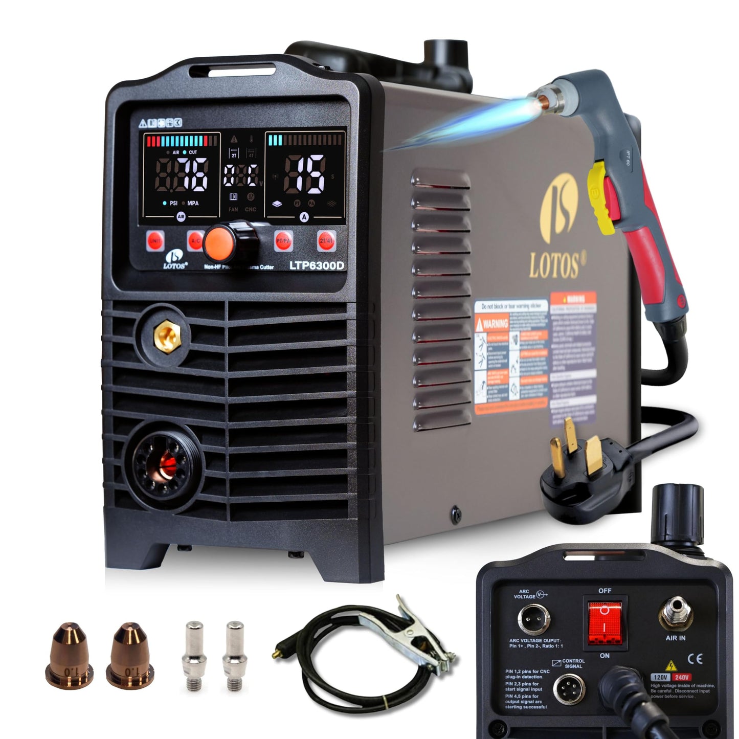 LOTOS Apex LTP6300DCNC | 63A CNC-Enabled Plasma Cutter, Drag-Cut Enables, Non-HF Blowback Pilot Arc, 3/4" Clean (1" Sever), THC/ARC OK, Dual-Voltage 110/220V, LED Controls, Portable Air Plasma Cutter