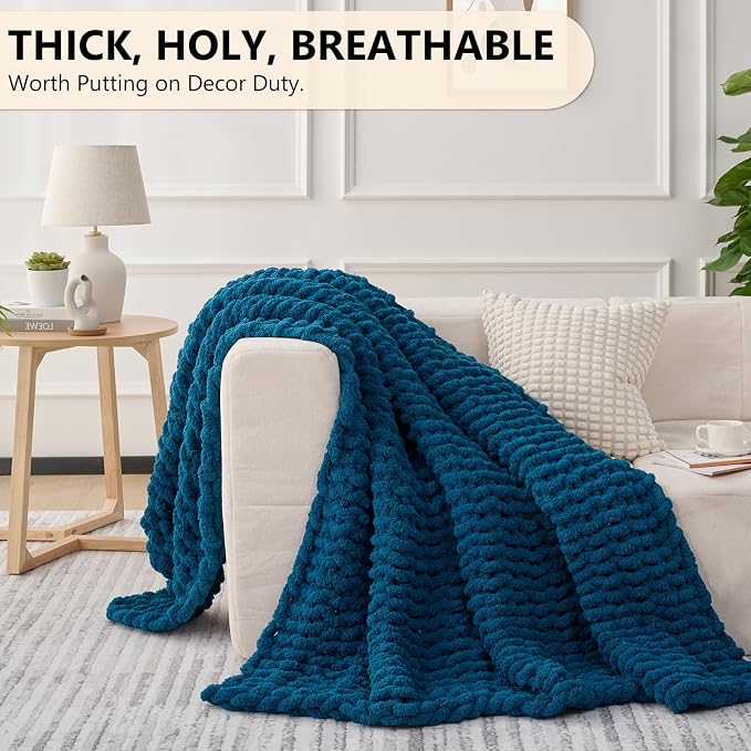 L'AGRATY Chunky Knit Blanket Throw: 50''x60'' Chenille Chunky Knitted Throw Blanket for Bed Couch - Handmade Thick Big Cable Knit Blanket - Large Crochet Rope Blankets for Home Decor(Blue)