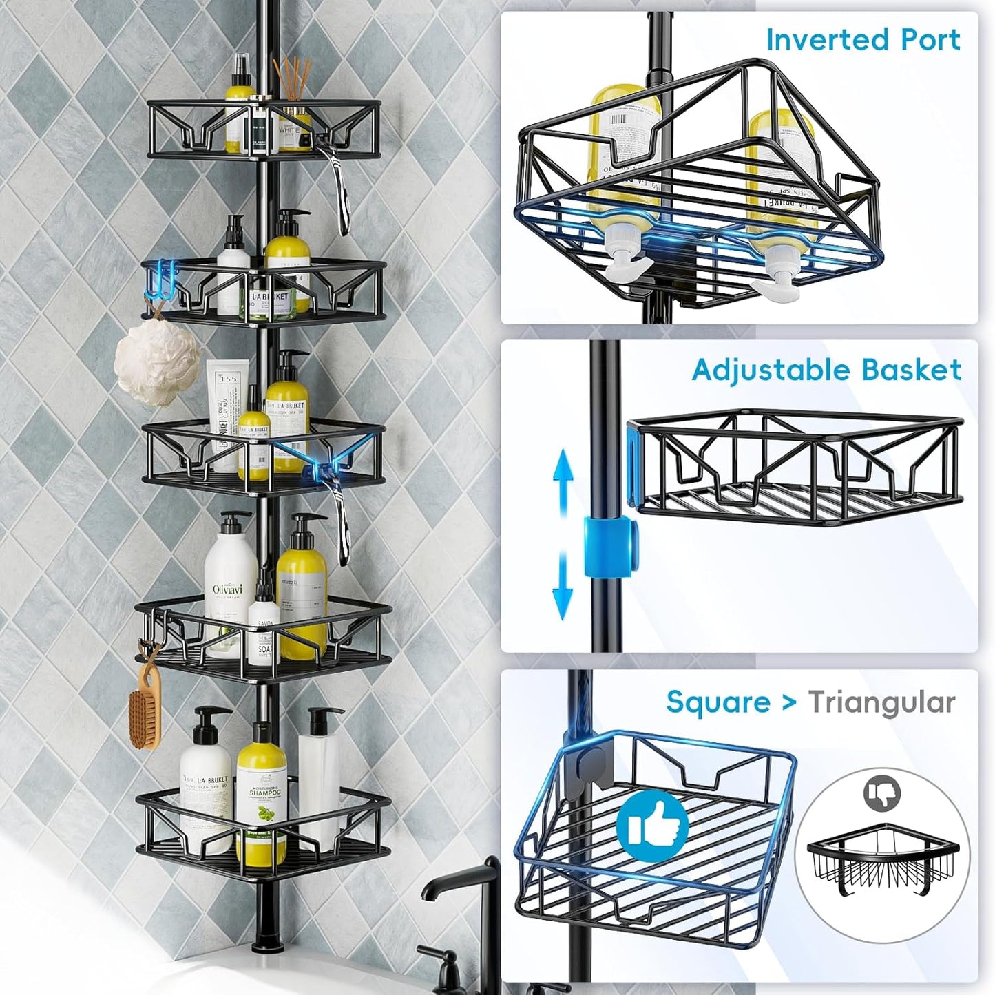 Skycarper 5-Tier Adjustable Corner Shower Caddy - Rustproof Tension Pole, 62-116 Inch, Black