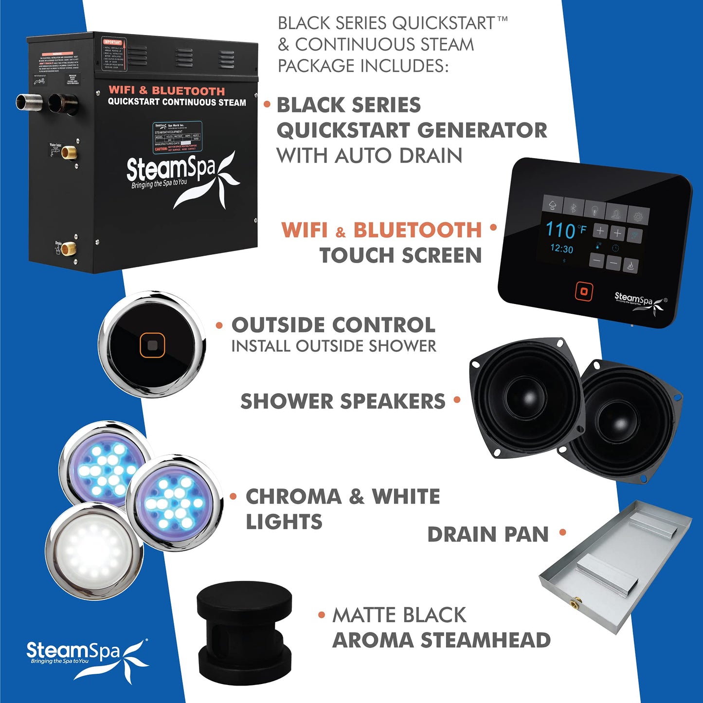 SteamSpa Generator with Quick Start Continuous Steam Technology, Wi-Fi, Bluetooth and Autodrain | 7.5kW Steam Generator with Black Steam Head with Aromatherapy Reservoir | RVB750BK-A