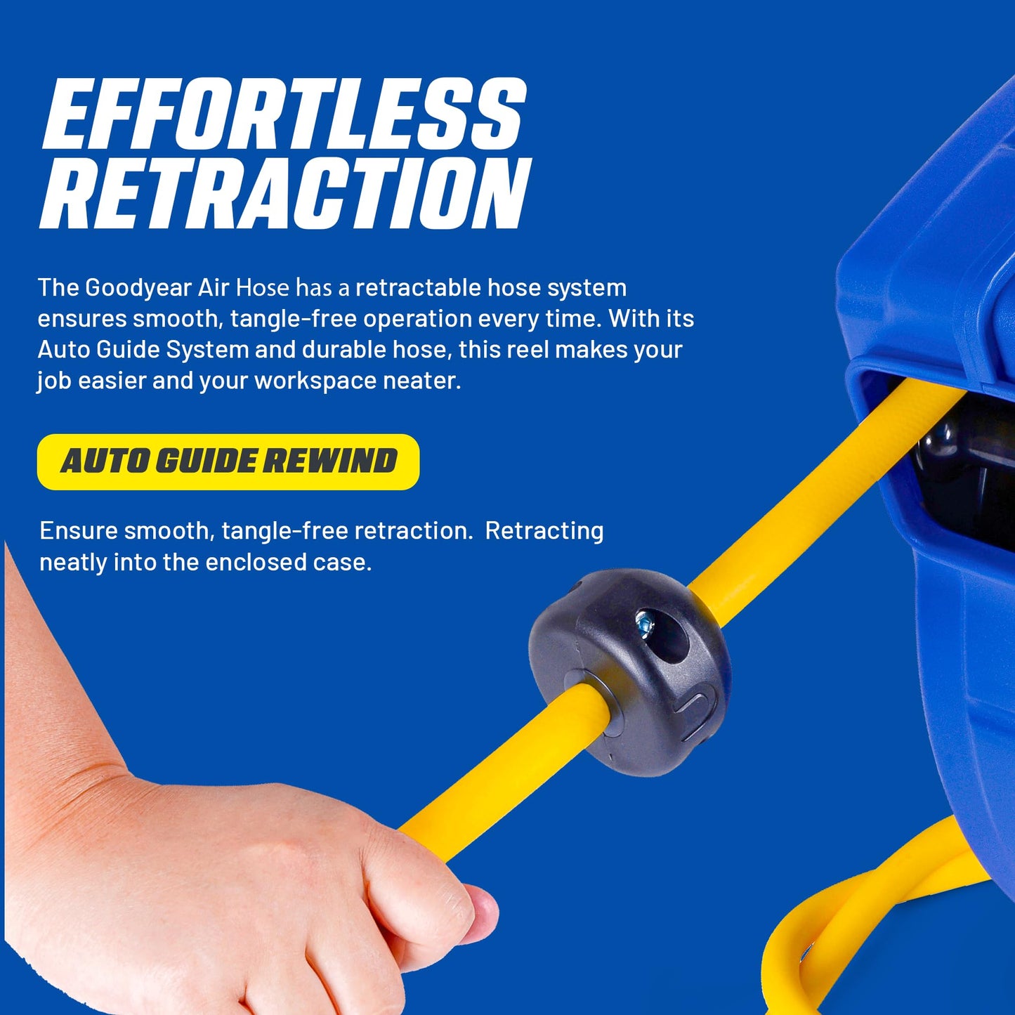 Goodyear Air Hose Reel Retractable 3/8" Inch x 65' Feet Premium Commercial Flex Hybrid Polymer Hose Max 300 Psi Heavy Duty Spring Driven Polypropylene Construction w/Lead-in Hose and PVC Handle