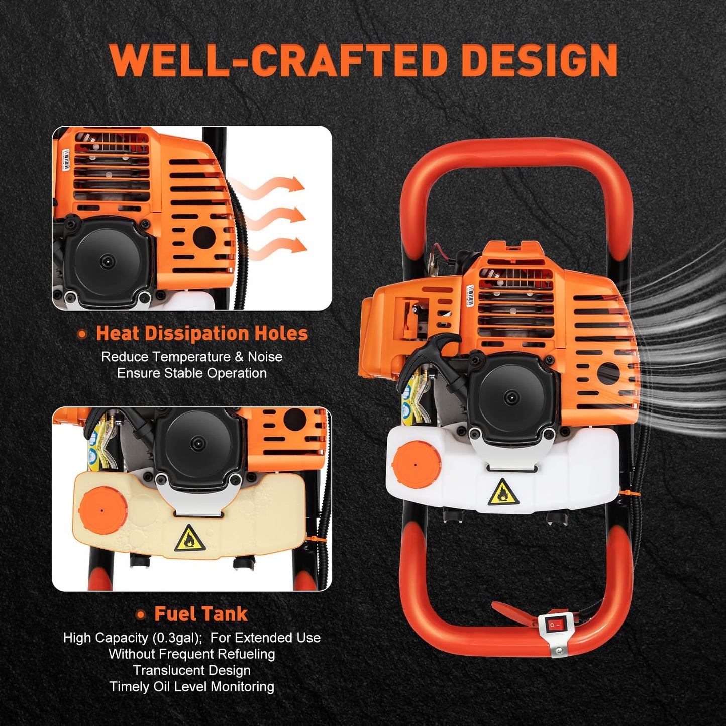 52CC Post Hole Digger Gas Powered, 1.98HP 2 Stroke Auger Post Hole Digger with 3 Drill Bits (4"/6"/8") + 1 Extension Rod for Planting - Ideal for Farm & Garden - Orange-[Arrives in Two Boxes]