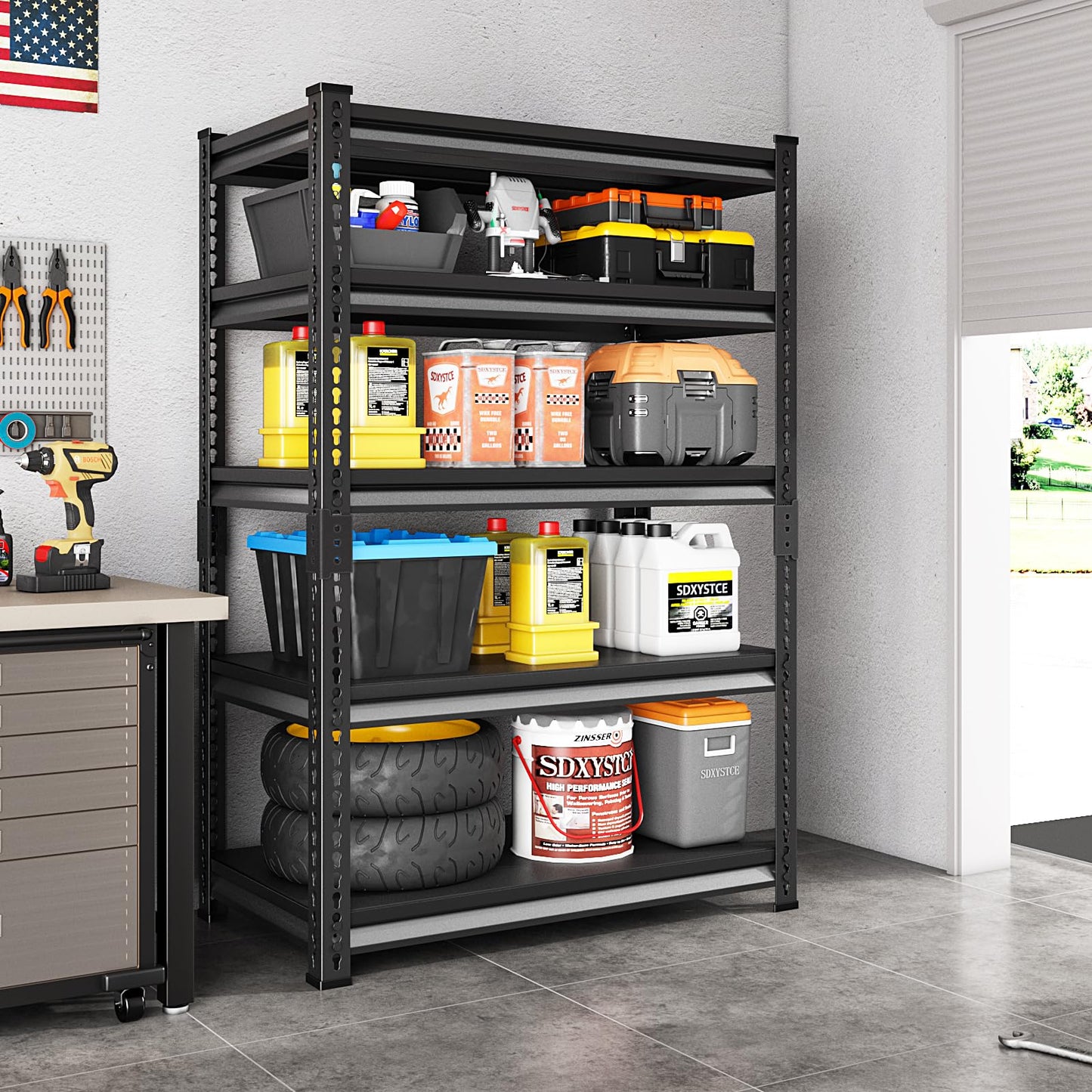 SDXYSTCE Garage Shelving Heavy Duty, 2200 Lbs Loads Garage Storage Shelves Heavy Duty, 5-Tier Metal Shelving Units and Storage for Basement, Retiple Tanks,40''Wx18 Dx72 H,Black