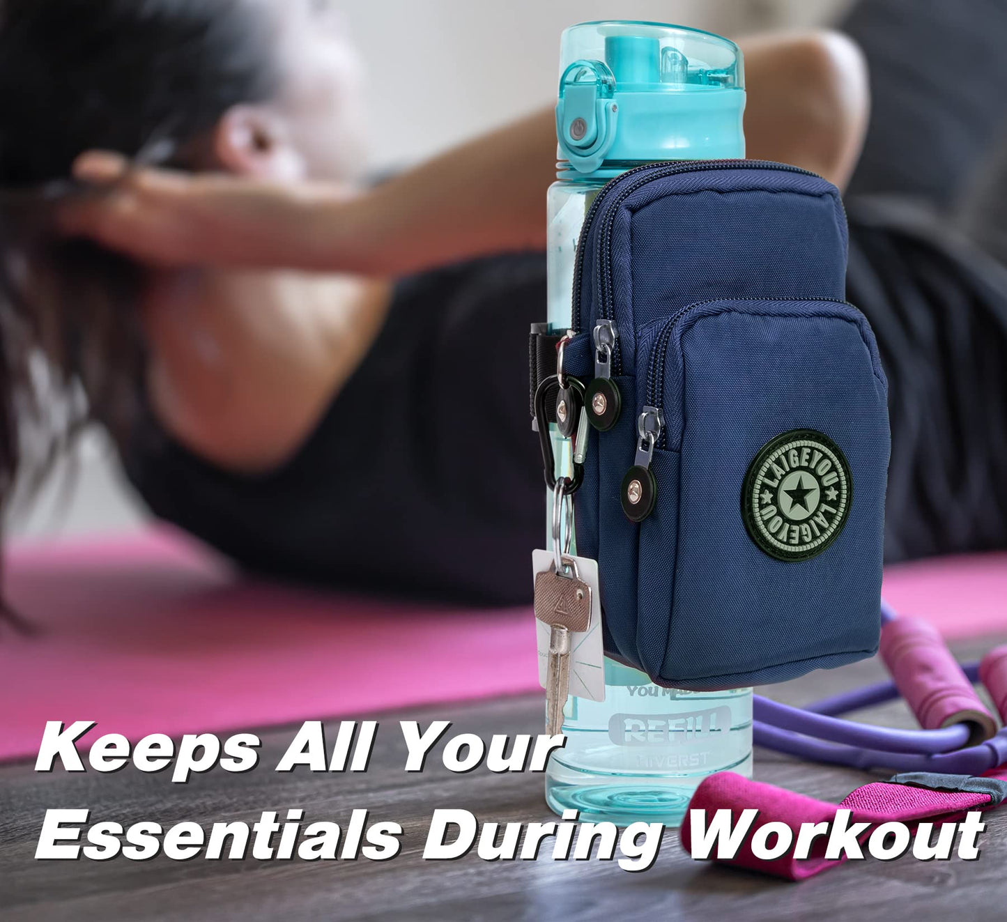 Bottle Pouch Gym Water Caddy with Phone Holder, Water Bottle Sleeve Bag with Pocket for Cards, Keys, Wallet, Gym Bottle Accessories for Men Women
