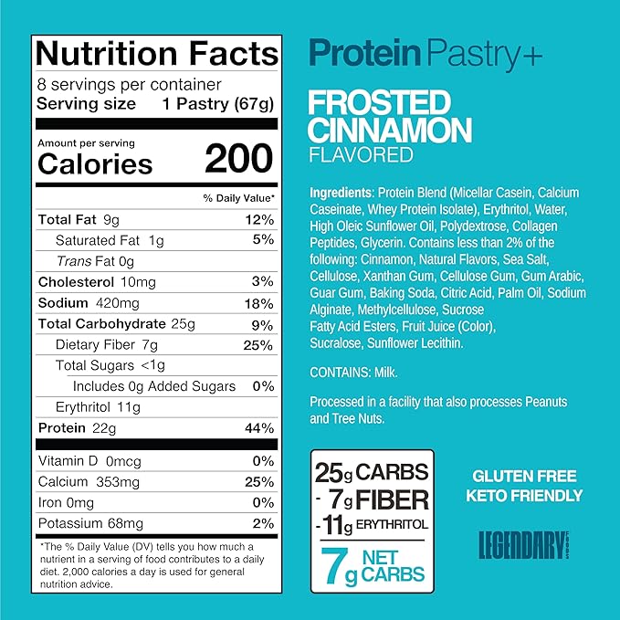 Legendary Foods 22g Protein Pastry+ Cinnamon Low Carb Meal Replacement Bar - Low Glycemic, Gluten Free Protien Snacks - Healthy Keto Snack Box, 8x Zero Sugar Energy Bars - Bariatric Diabetic Friendly