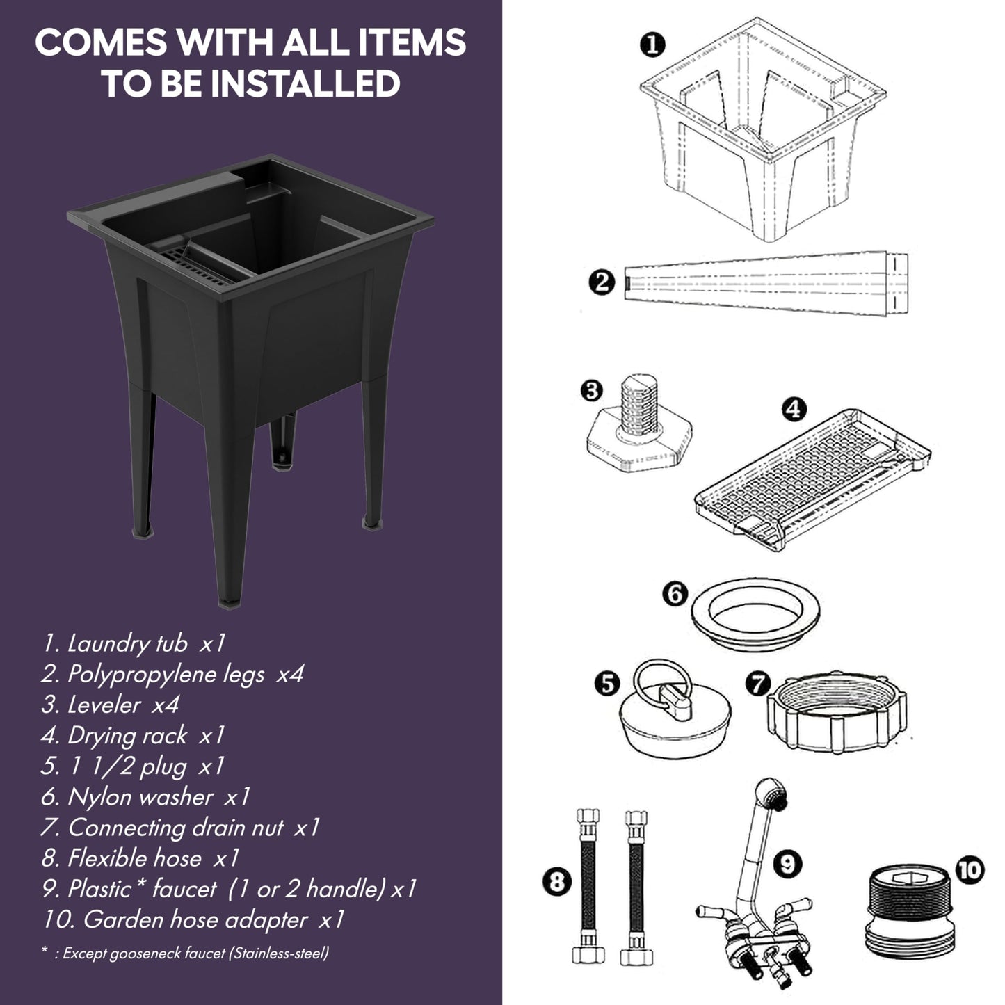 Freestanding Utility Sink with One Handle Chrome Faucet - 24" Plastic Utility Sink for Garage, Laundry, Indoor and Oudoor Use - Laundry Tub Kit by Noah William Home - Black (19.5 gal)