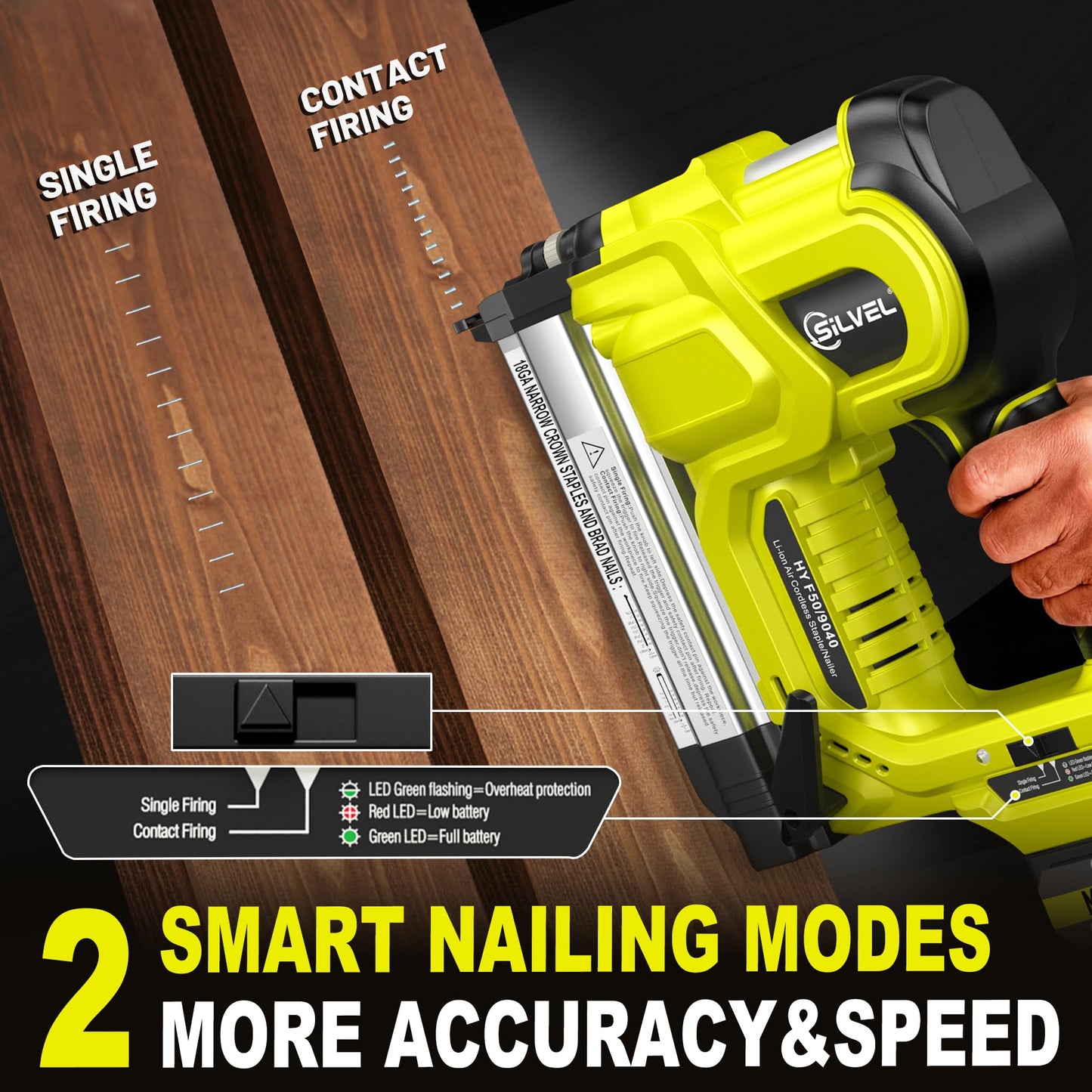 SILVEL 2" Cordless Brad Nailer, 2-in-1 21V Electric Brad Nailer Stapler with 2 * 4.0Ah Battery, 1000pcs Nails, 18GA Staples, Adjustable Depth for Woodworking, Home Improvement