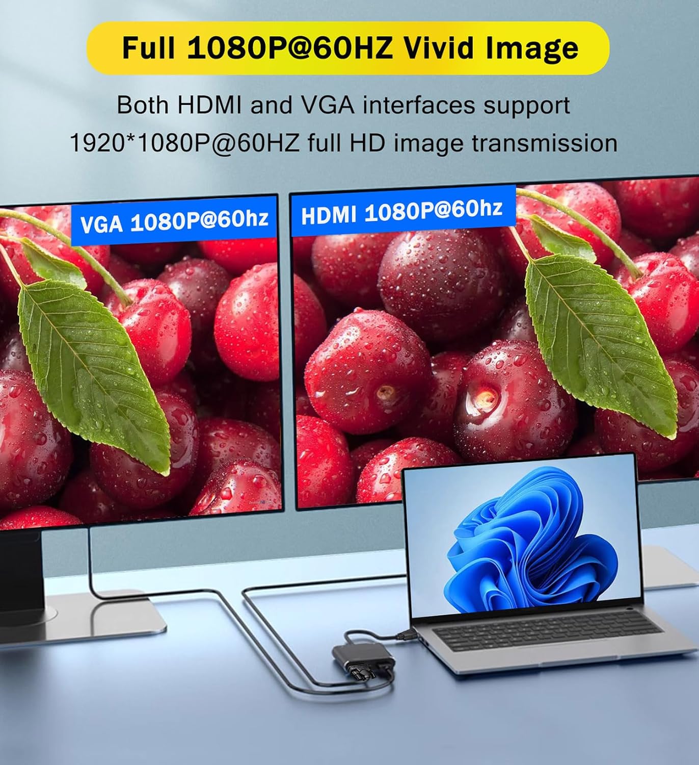 AKWOR 2 1,1080P@60HZ VGA to HDMI+VGA Adapter for Dual Monitors, VGA to HDMI Adapter Splitter in Full HD Display Video