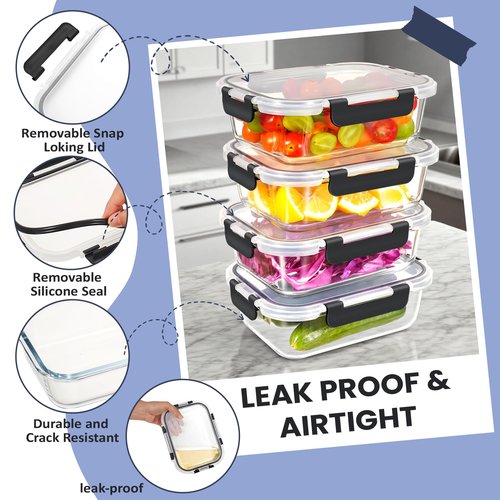 HOTEC 35OZ Glass Food Storage Container, Airtight Glass Lunch Fruit Containers with Lids - Microwave, Oven, Freezer and Dishwasher Safe, 2-PACK