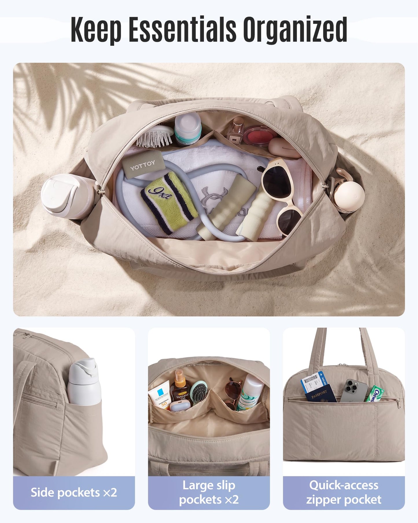 LIGHT FLIGHT Gym Bag for Women, Lightweight Personal Item Travel Bag, 20L Weekender Bag with Toiletry Pouch, Carry on Overnight Dance Bag, Camel