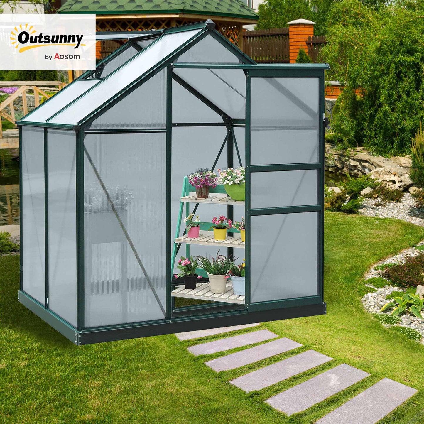 Outsunny 6' x 4' Greenhouse for Outdoors, Polycarbonate Greenhouse with Rain Gutter and Roof Vent, Aluminum Walk-in Green Houses with Push Door for Outside for Patio Backyard Garden, Dark Green