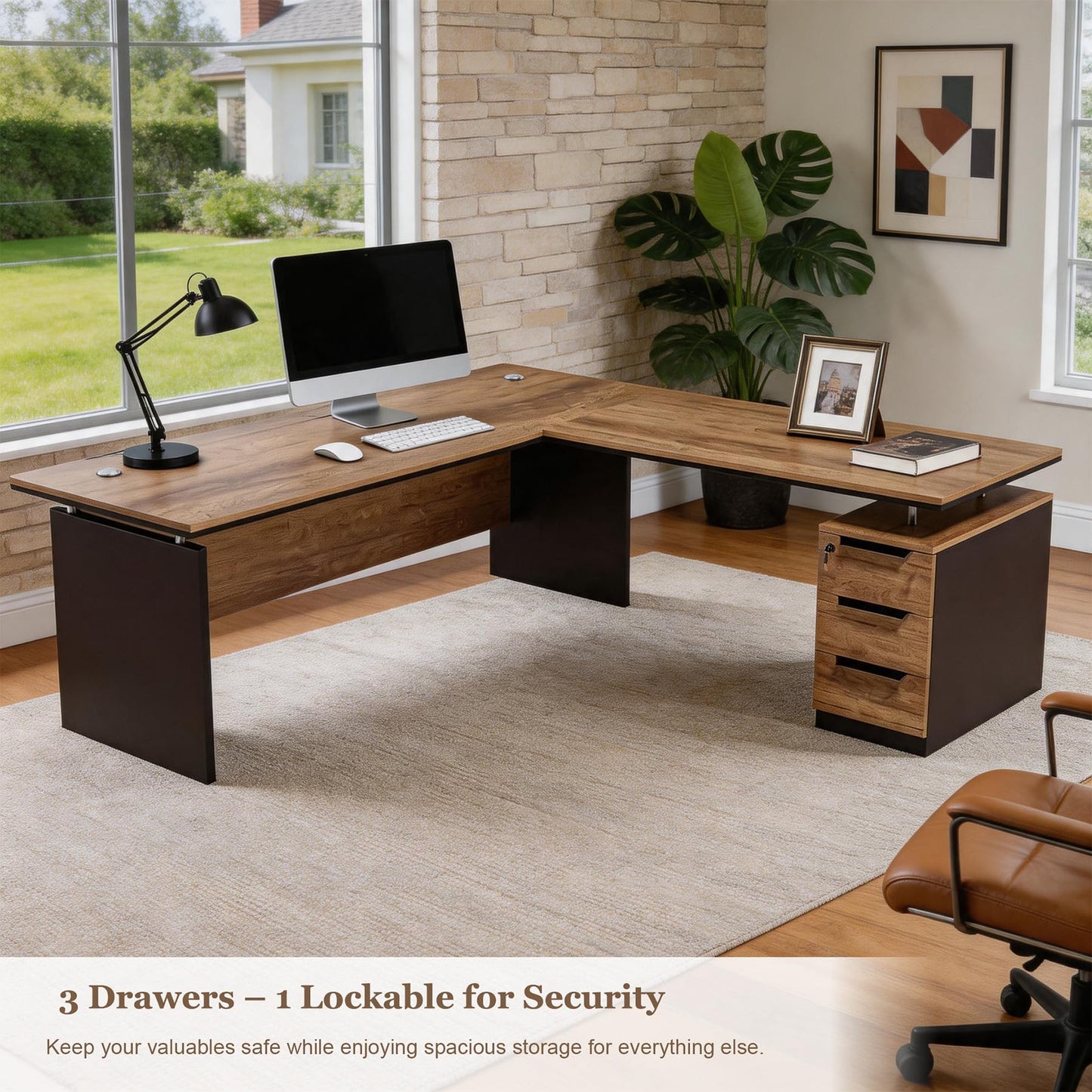 SAINTCY 63" L Shaped Executive Desk with Locking Drawer & Privacy Panel, Industrial Modern Wood Office Desk with Cable Management, Solid One-Piece Reversible for Home or Business Workspace (2)