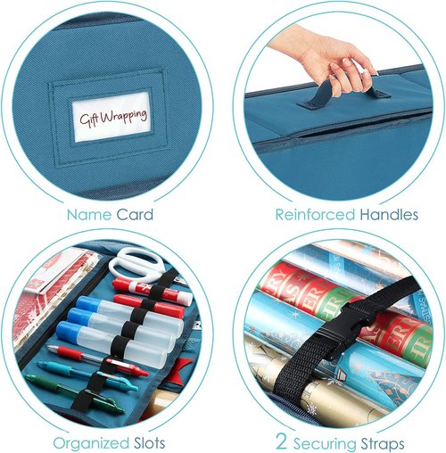 Hearth & Harbor Wrapping Paper Storage Container - Christmas Gift Wrap Organizer with Ribbon Dispenser | Holds 26 Rolls, Blue