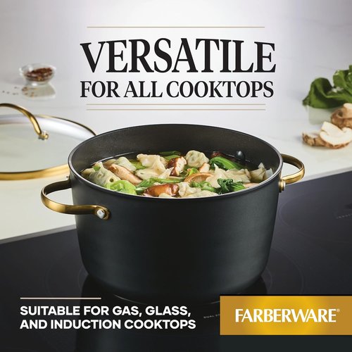 Farberware Forged Induction Stockpot - 6 Quart Ceramic Nonstick Soup Pot with Lid | Dishwasher Safe, Black & Gold