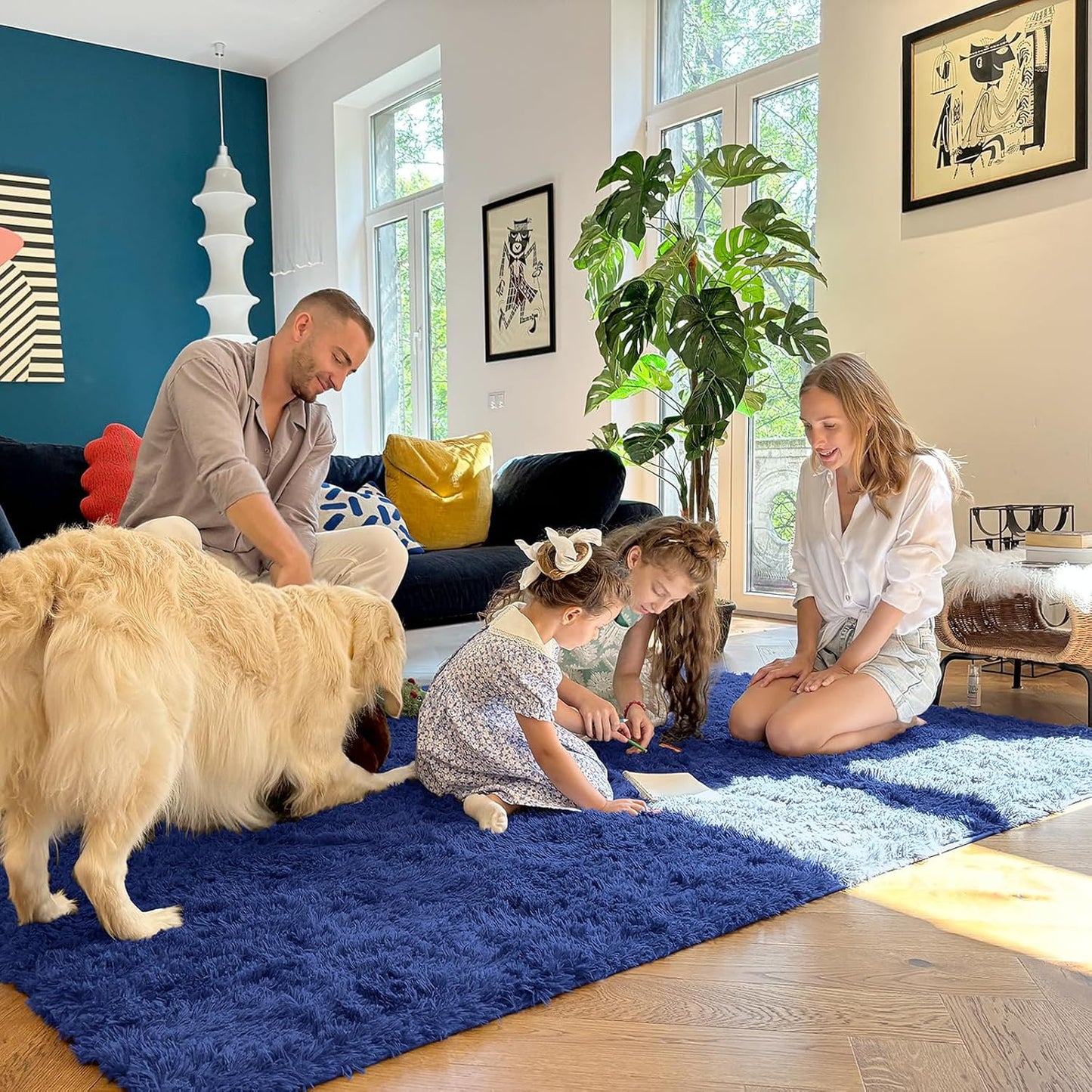 OLANLY Soft Fluffy Shaggy 3x5 Bedside Rug - Machine Washable Indoor Carpet for Kids & Nursery | Navy Blue