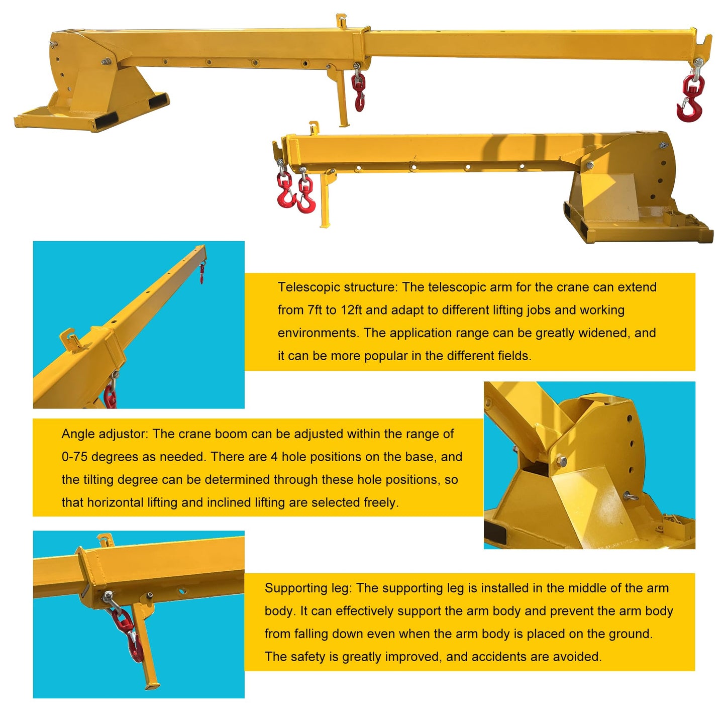 HayWHNKN 3T Forklift Telescopic Jib Boom Forklift Mobile Crane with 0-75° Adjustable Tilt Angle, 7-12ft Extension, 2 Hooks, Heavy-Duty Lifting Hoist Towing Handling for Warehouse Construction Factory