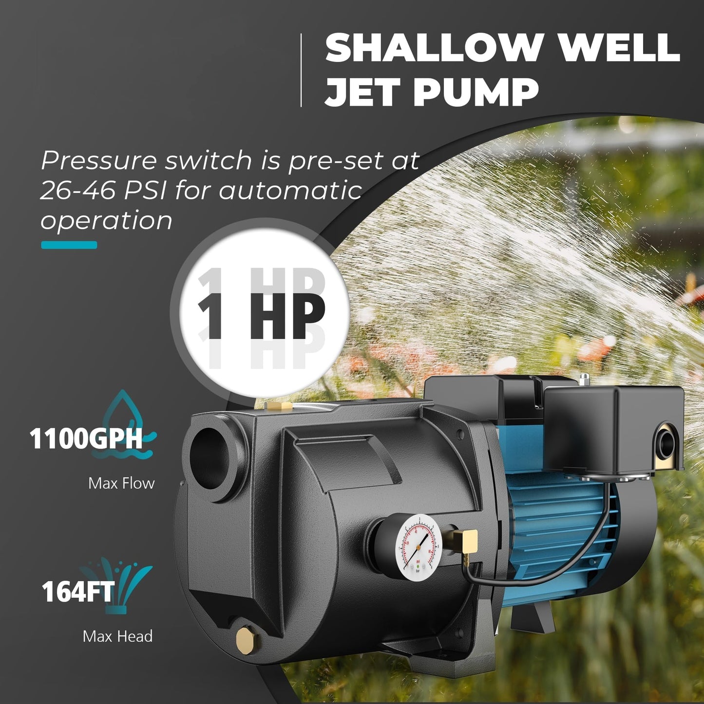 LEO 1HP Shallow/Deep Well Jet Pump with Ejector Kit, 115V/230V Durable Cast Iron Pump, Well Depth up to 50 ft, Automatic Pressure Switch, for Farm, Lawn, Garden