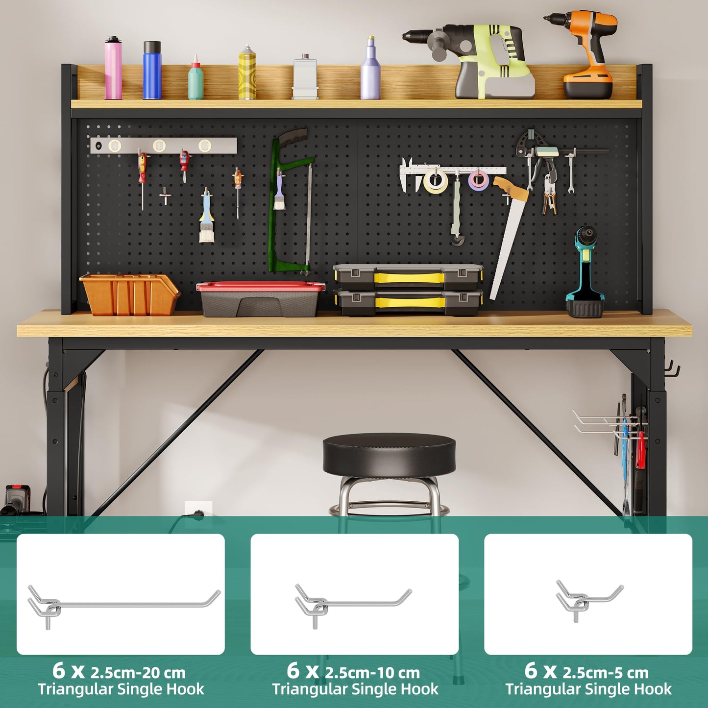 YITAHOME 48" Adjustable Workbench with Pegboard, Wheels, 1600 LB Capacity, Rolling Work Table with AC/USB Outlets, Hooks, and Rack, Heavy-Duty Work Bench for Garage, Workshop, Office