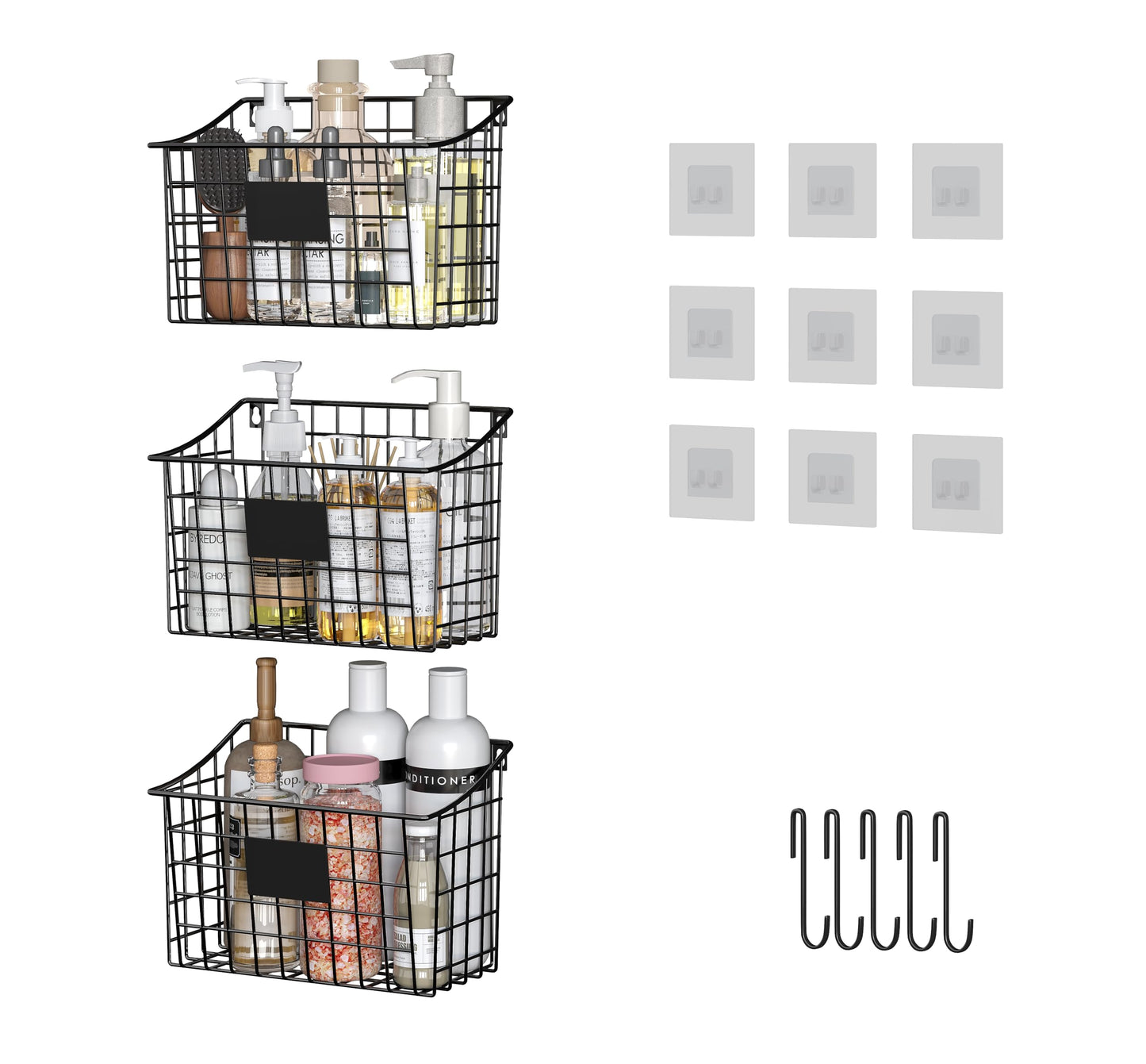 Wall Mounted Bin Basket with 5 Hooks 3 Label Plate Adhesive-3 Pack, Cabinet Hanging Metal Wire Basket,Rustic Farmhouse Decor, Storage Organization Shelf for Pantry Kitchen Bathroom 10.6*7.5*5.1inch